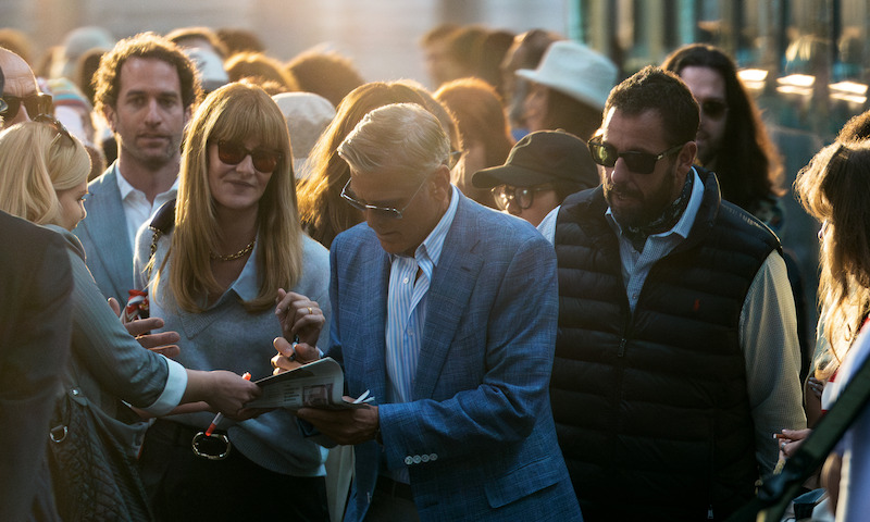 Laura Dern as Liz, George Clooney as Jay Kelly and Adam Sandler as Ron Sukenick in 'Jay Kelly.'
