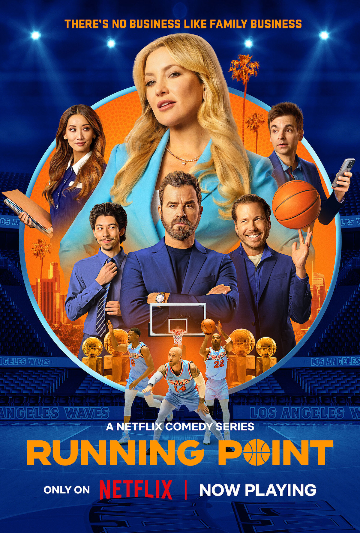 A group of people in business and casual attire pose with basketballs in a stadium, featuring city skyscrapers, basketball players in action, and comedy series branding for "Running Point" on Netflix.