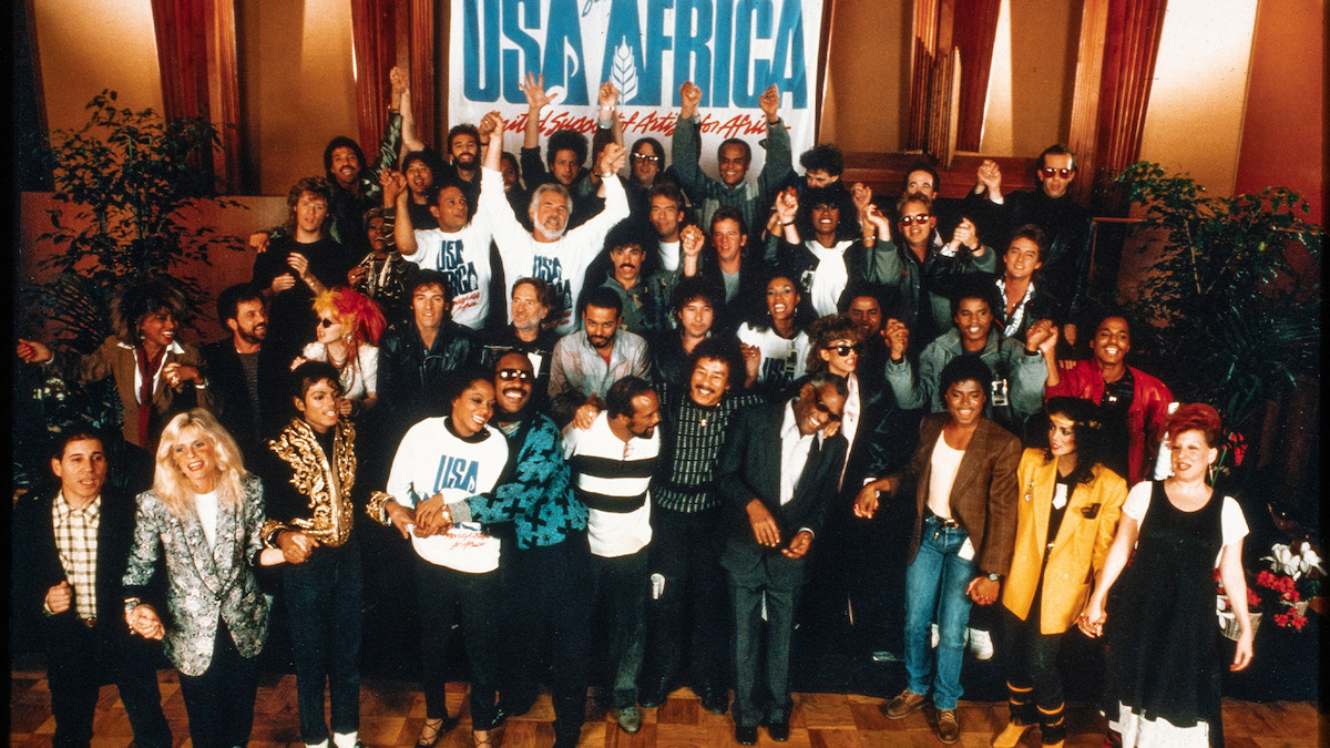 Archival photo of celebrities from the 1985 “We Are the World” music video set.
