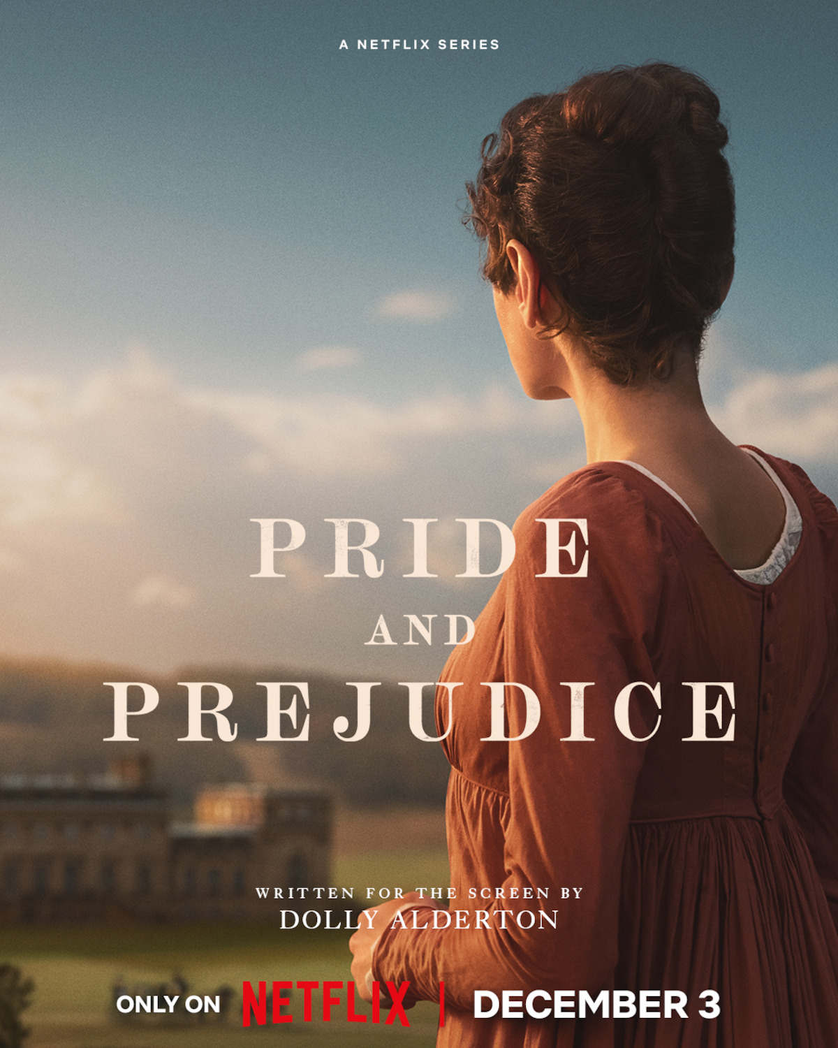 Poster key art featuring a woman wearing an orange dress looking out over an estate in a field.