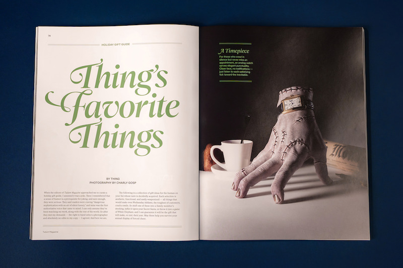 Spread from Tudum Magazine - Thing from Wednesday Feature