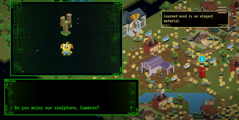 Pixel art scene with a yellow Thronglet observing a wooden sculpture on a terminal screen, while a crowded town of Thronglets bustles on the right. Text reads: "Do you enjoy our sculpture, Cameron?" and "Learned wood is an elegant material."