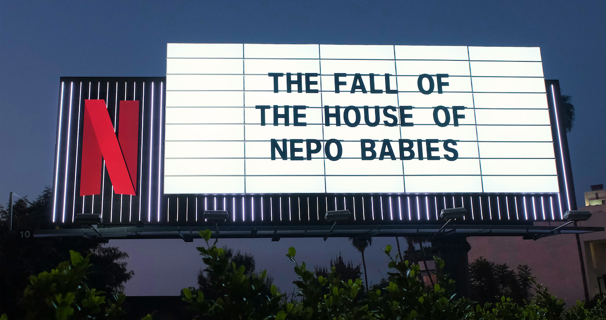 Billboard on Sunset Blvd for ‘Fall of the House of Usher’ - reads ‘The Fall of the House of Nepo Babies’