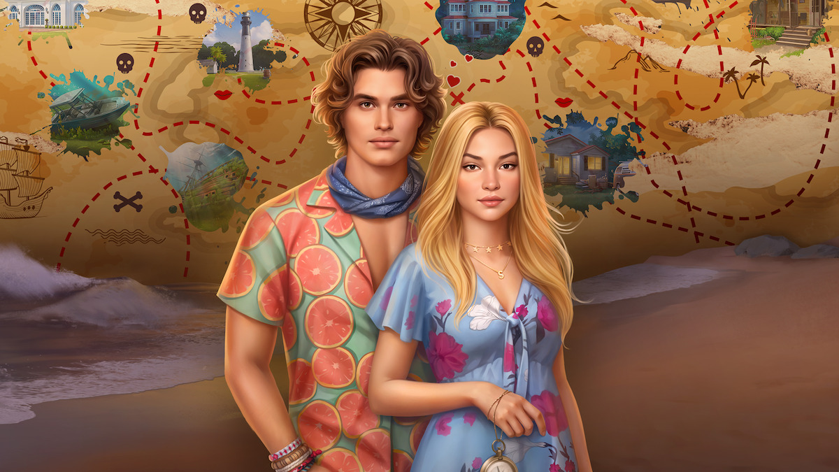 Illustrative artwork for 'Netflix Stories: Outer Banks' mobile game, featuring a couple standing on a beach in front of a Poguelandia map.