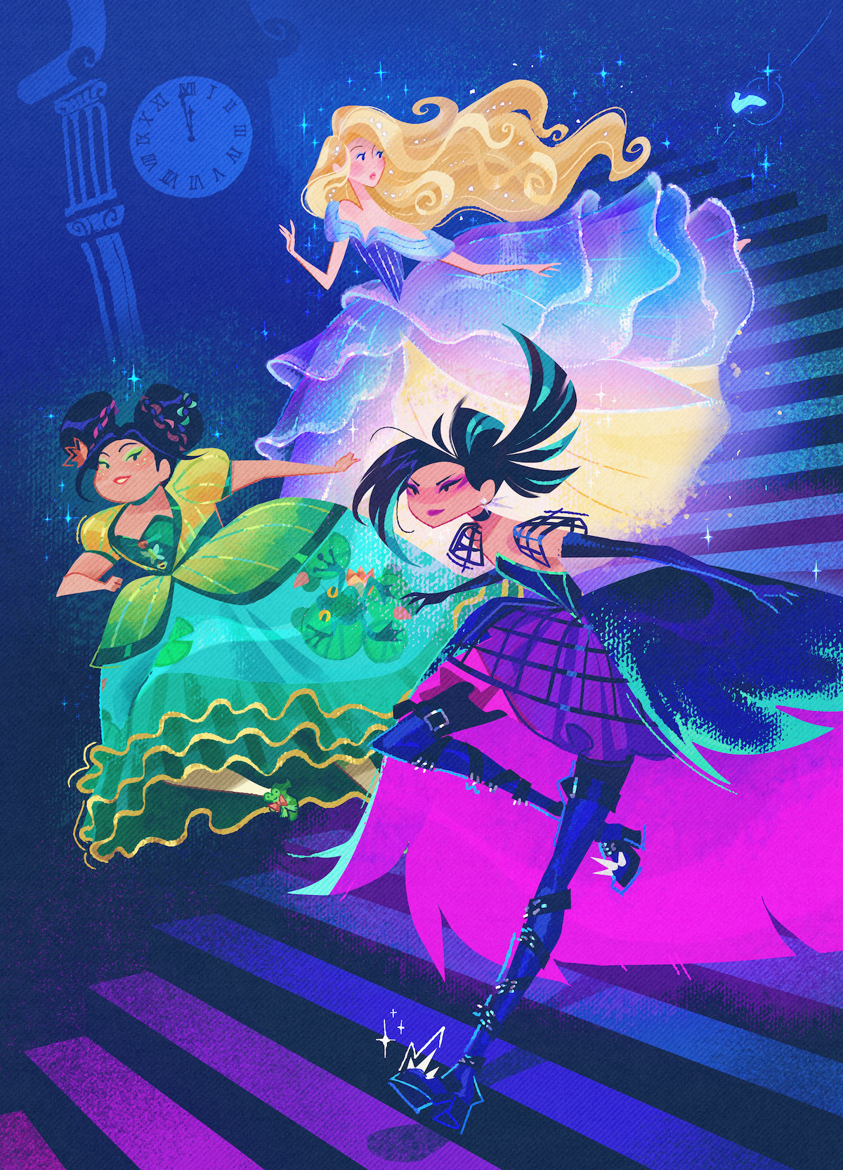 Three young women in colorful, fantasy-style dresses run down stairs at night, with a glowing clock, a lost shoe, and magical sparkles in the background, suggesting a whimsical fairy tale setting.