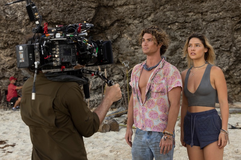 Chase Stokes as John B and Madelyn Cline as Sarah Cameron in Outer Banks Season 3 Behind-the-Scenes Photo Gallery