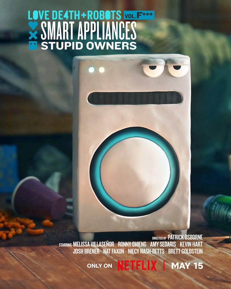 Key art for the episode "Smart Appliances Stupid Owners" in 'Love, Death + Robots' Volume 4 featuring an appliance with a bored expression.