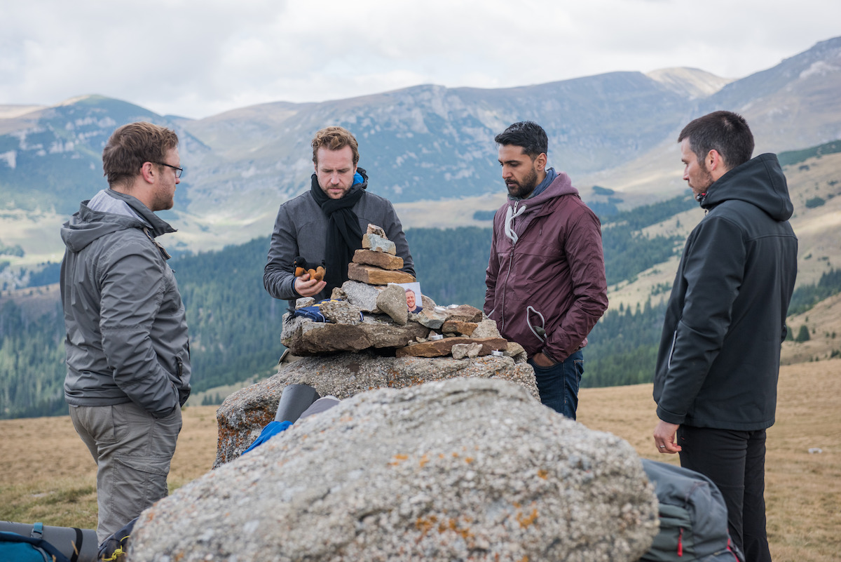 Rafe Spall as Luke, Sam Troughton as Dom, Rob James‑Collier as Hutch and Arsher Ali as Phil in The Ritual.