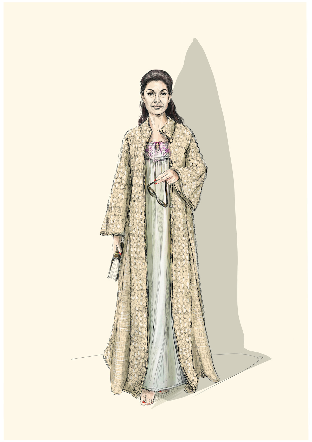 A sketch of Angelina Jolie as Maria Callas wearing a grey gown and casting a pointy shadow.