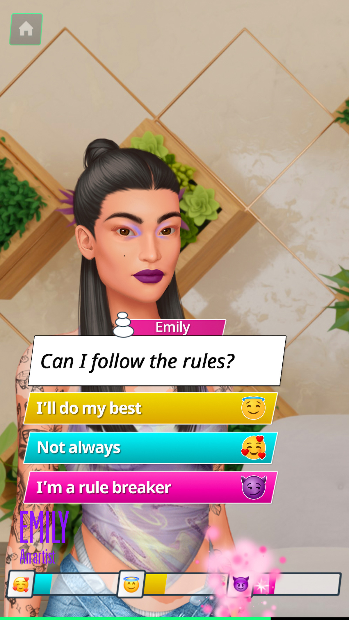 A game character with the following button prompt below: “Can I follow the rules?” We see three options underneath: “I’ll do my best,” “Not always,” and “I’m a rule breaker.”