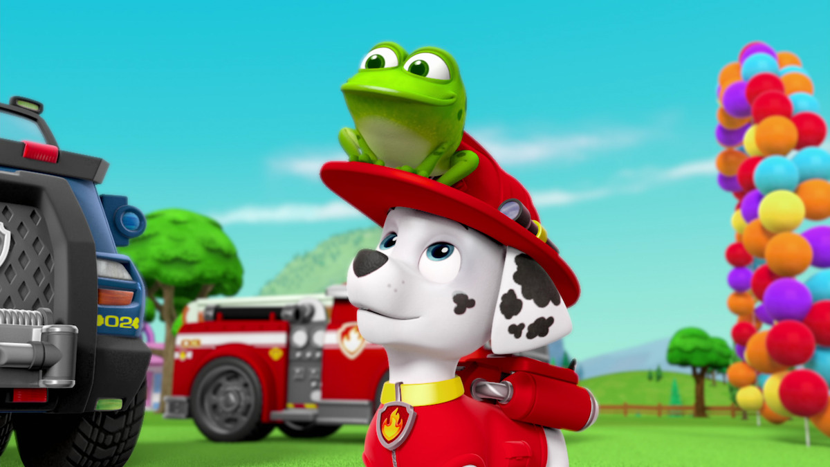 Paw Patrol - A frog on a puppy firefighter's helmet