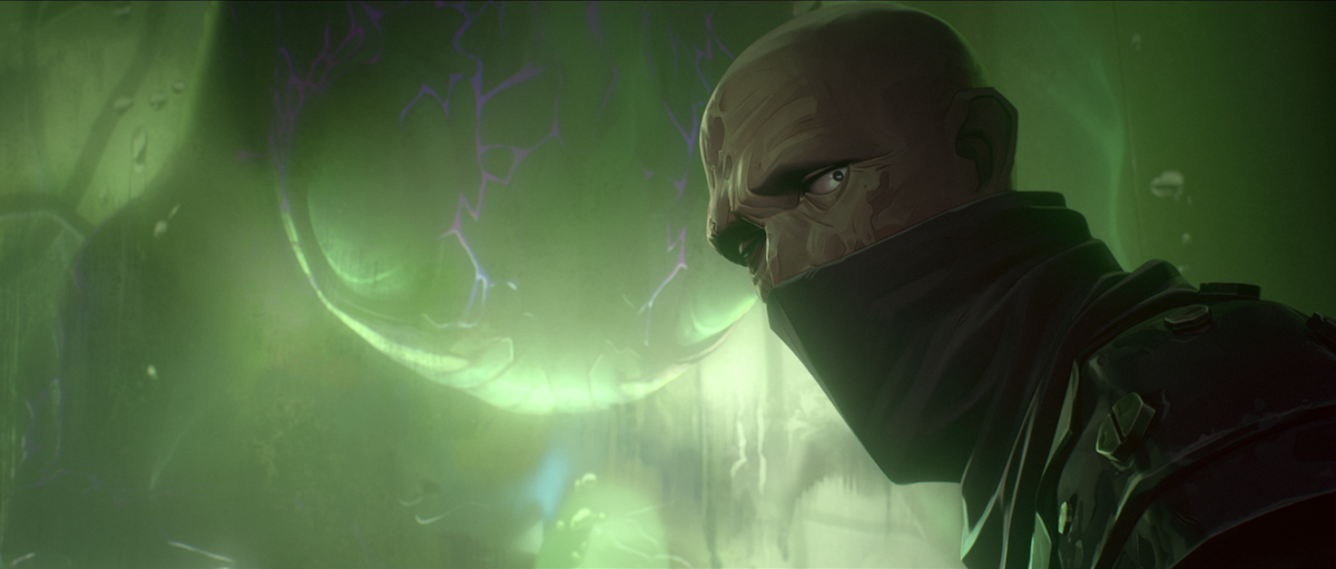 A view of the character Silco, wearing a mask over his face.