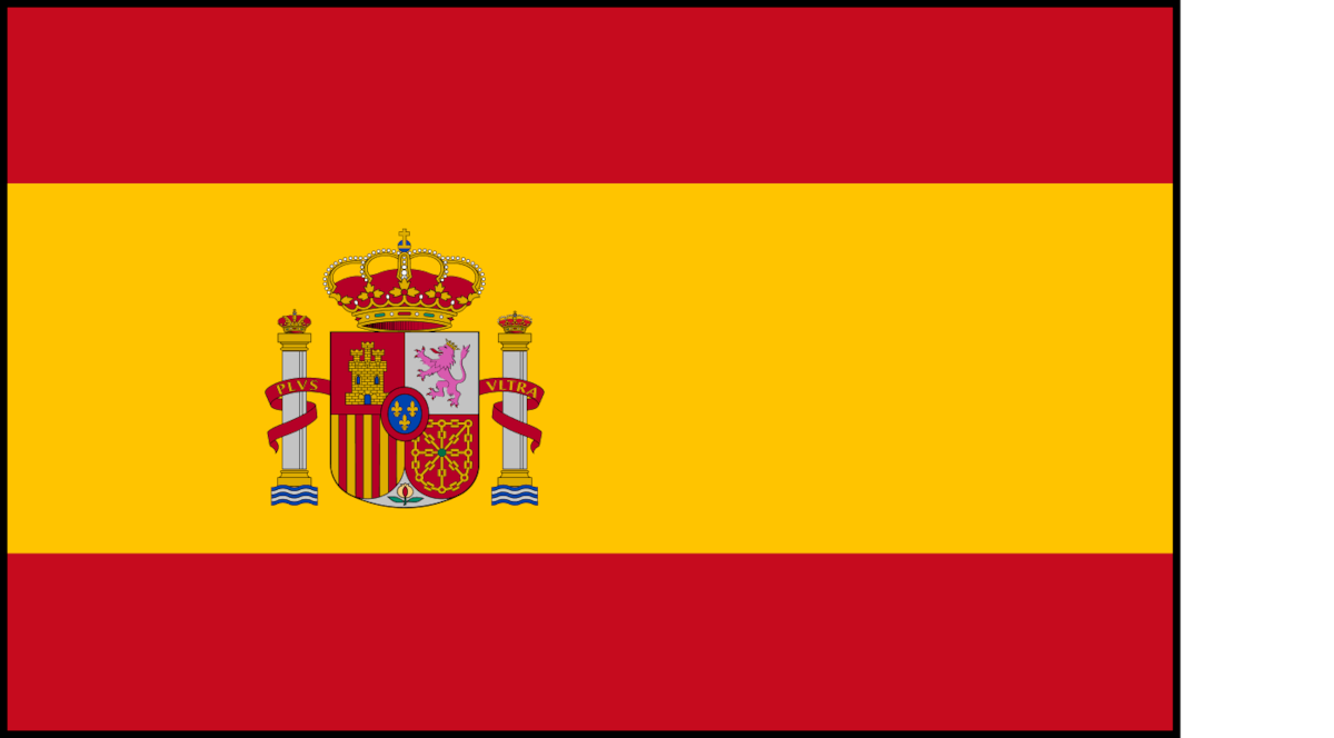 The flag of Spain featuring three horizontal stripes, red and yellow, with the national coat of arms on the yellow stripe toward the left side.
