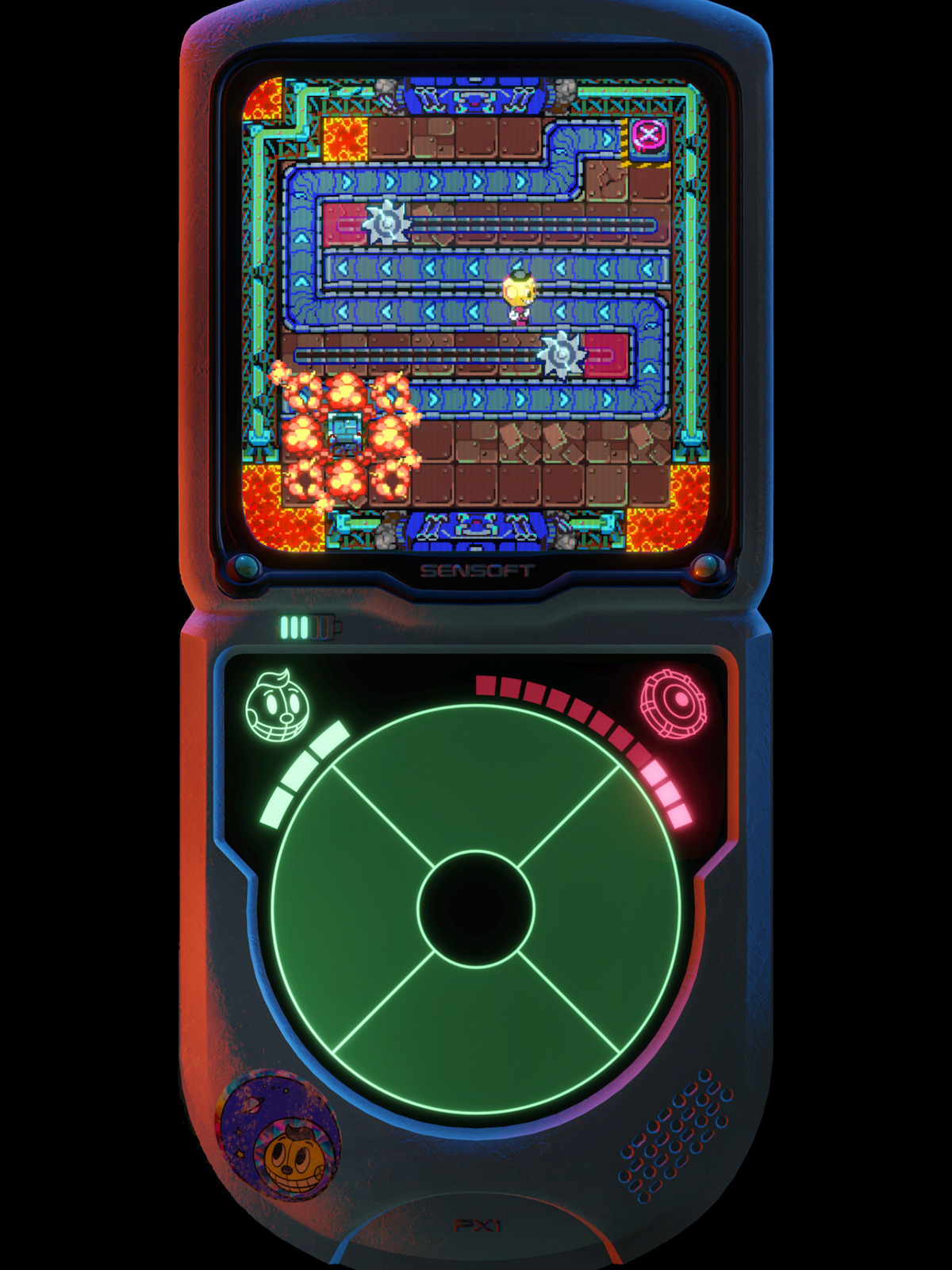 A retro handheld console displays "Kid Cosmo" navigating a lava-filled maze with moving saw blades. Below the screen, a glowing radar and character icons hint at health and progress indicators.