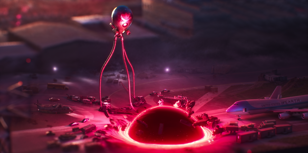 Animated image of a mini robot destroying a miniature airport in the episode “Close Encounters of the Mini Kind'” from ‘Love, Death + Robots’ Volume 4