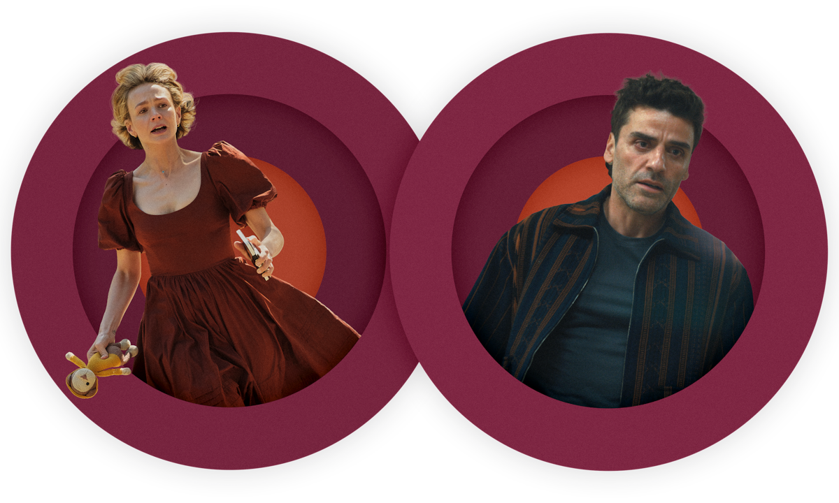 A spot photo illustration of Carey Mulligan as Lindsay running butting up against a photo illustration of Oscar Isaac as Josh in BEEF Season 2.