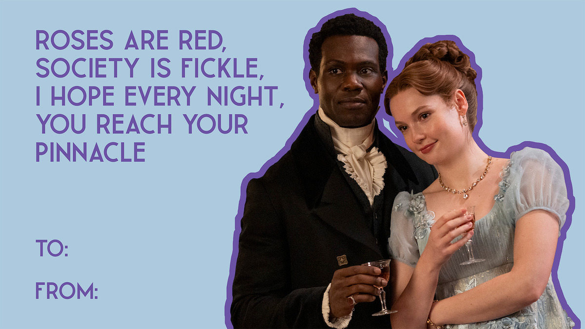 A man in formal historical attire holds a wine glass beside a woman in a light blue Regency dress. They stand together, smiling, with a Valentine poem and "To/From" fields on a light blue background.