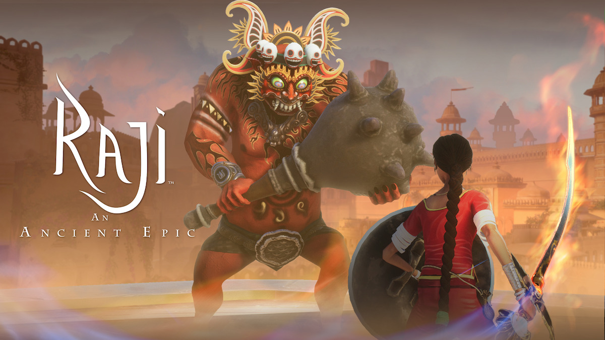 Raji: An Ancient Epic key art - the hero looks up at the enemy, that’s carrying a gigantic club.