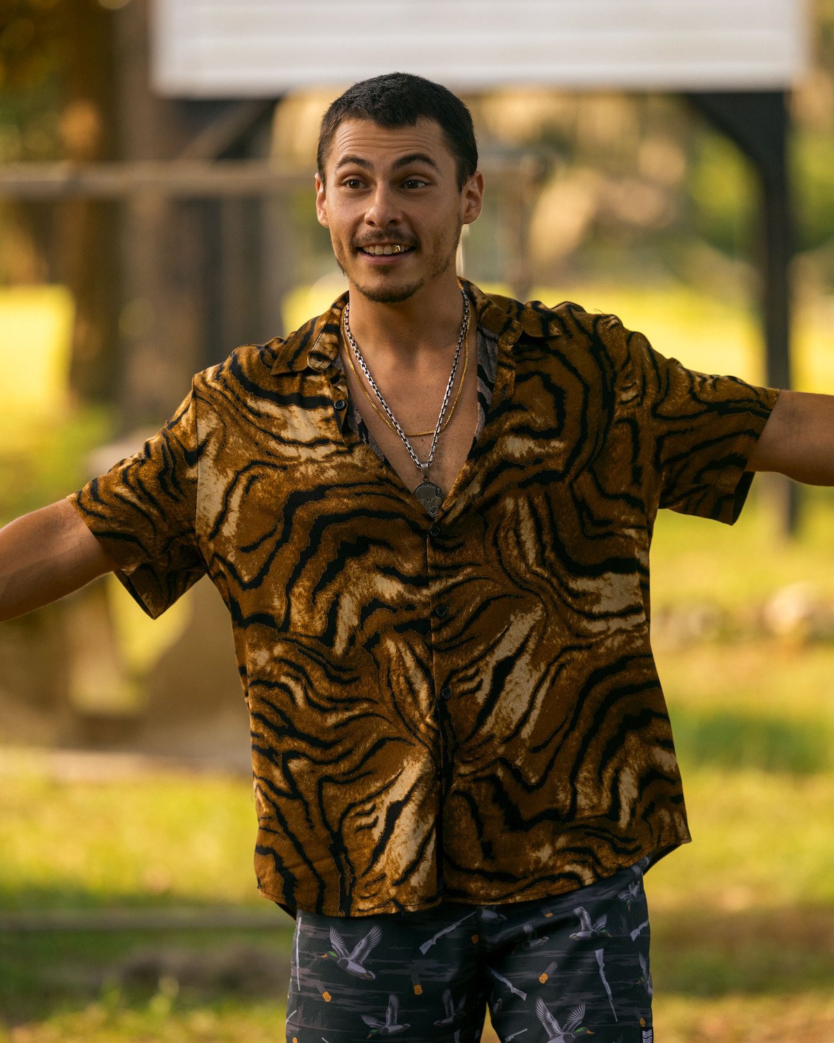 Nicholas Cirillo as Barry, with short hair wearing a tiger print shirt and silver chains, standing outdoors in a sunlit grassy area with trees and blurred structures in the background, arms open in a welcoming gesture.