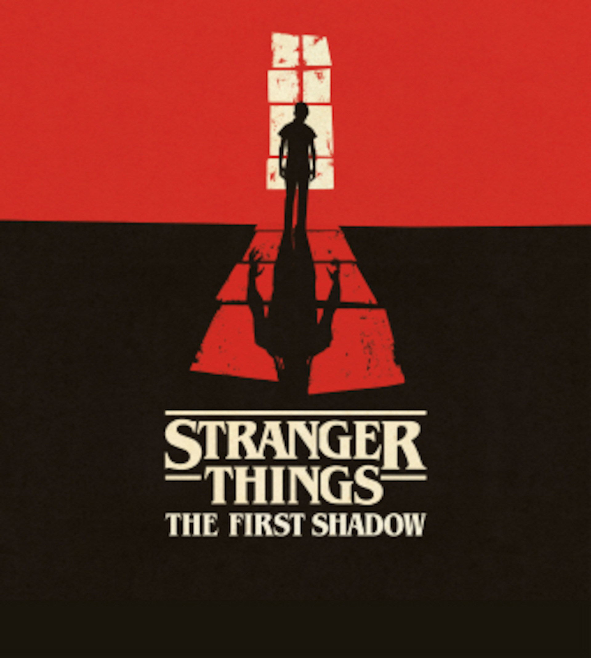 Stranger Things play banner - A shadow standing in front of a window with an ominous shadow behind him 