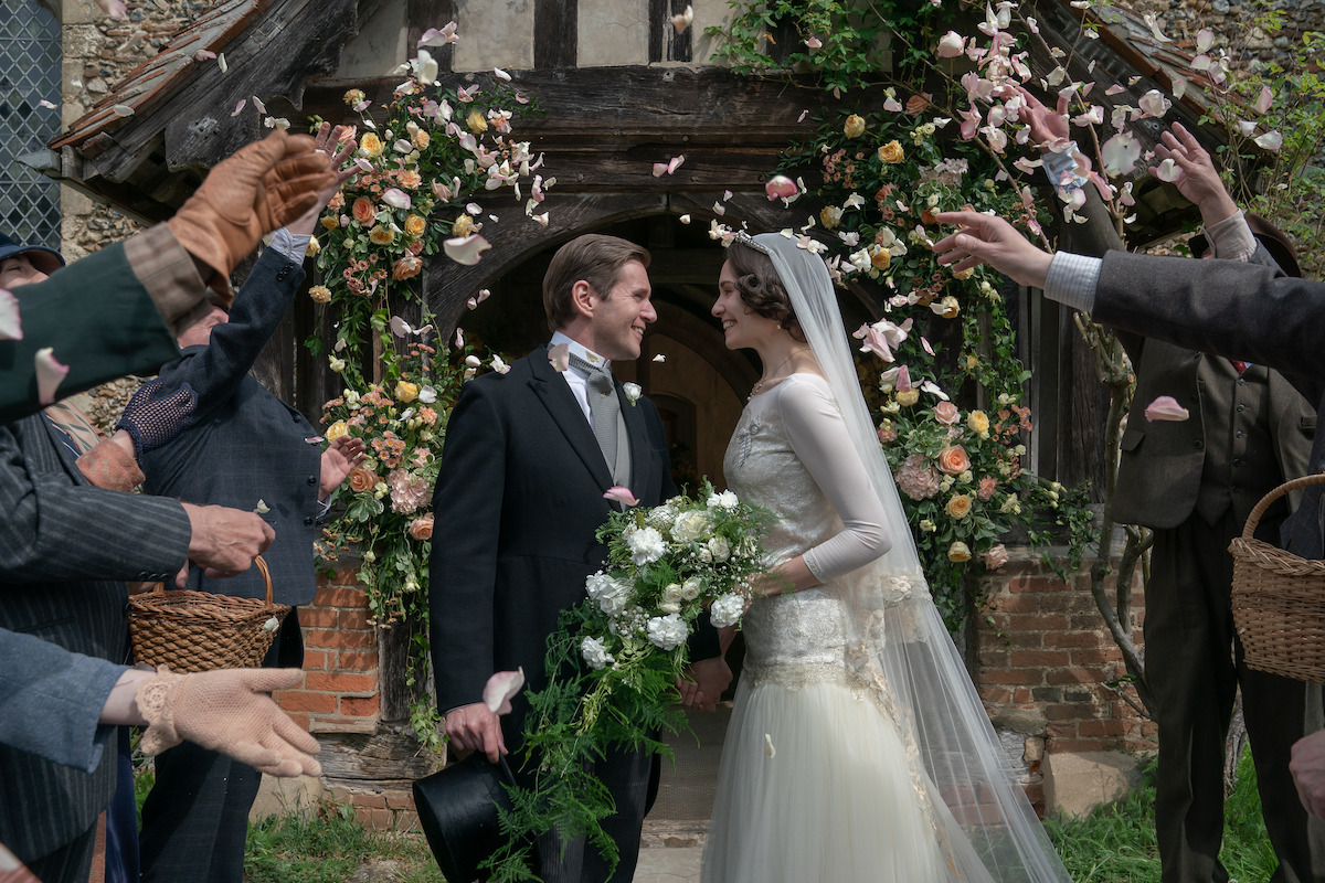 Allen Leech, as Tom Branson, and Tuppence Middleton, as Lucy Smith, get married in ‘Downton Abbey: A New Era.’