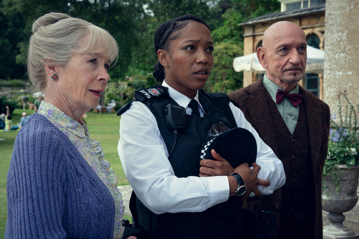 Celia Imrie, Naomi Ackie and Sir Ben Kingsley in ‘The Thursday Murder Club'