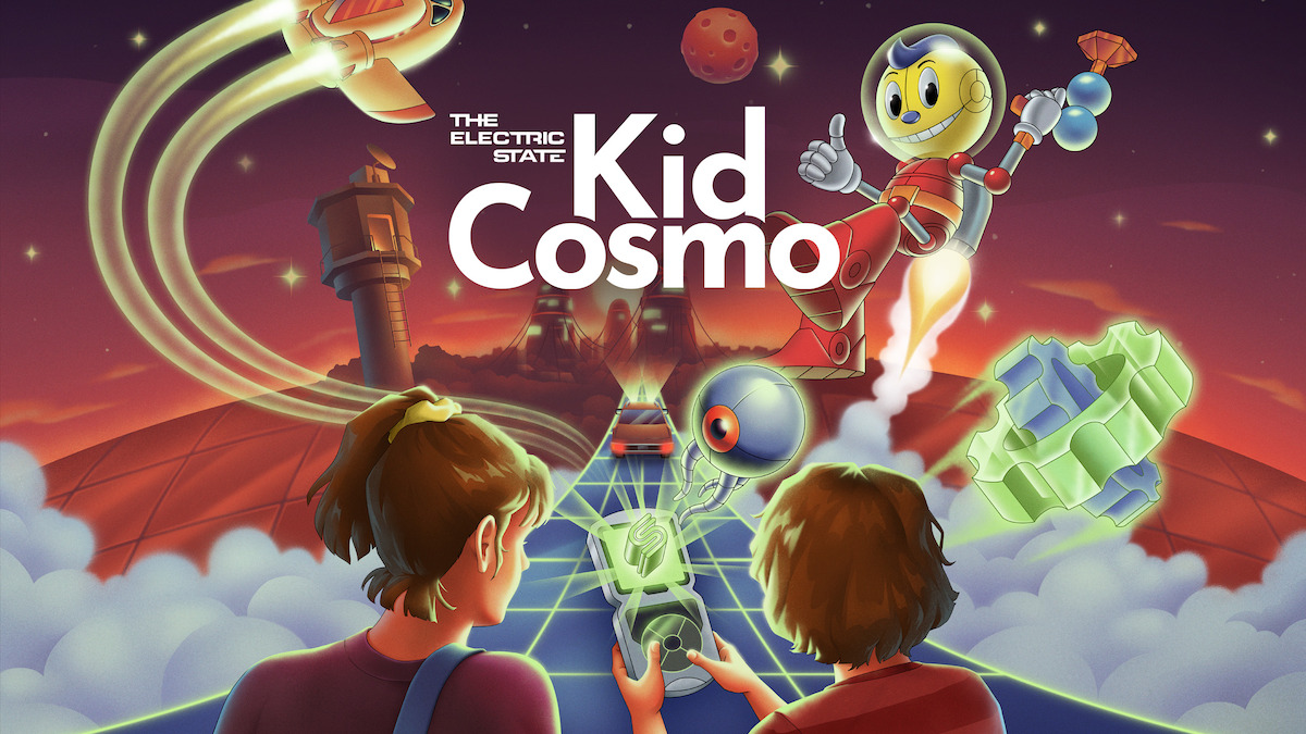 The Electric State: Kid Cosmo key art - two kids holding a handheld device in front of a digital road and several characters from the movie