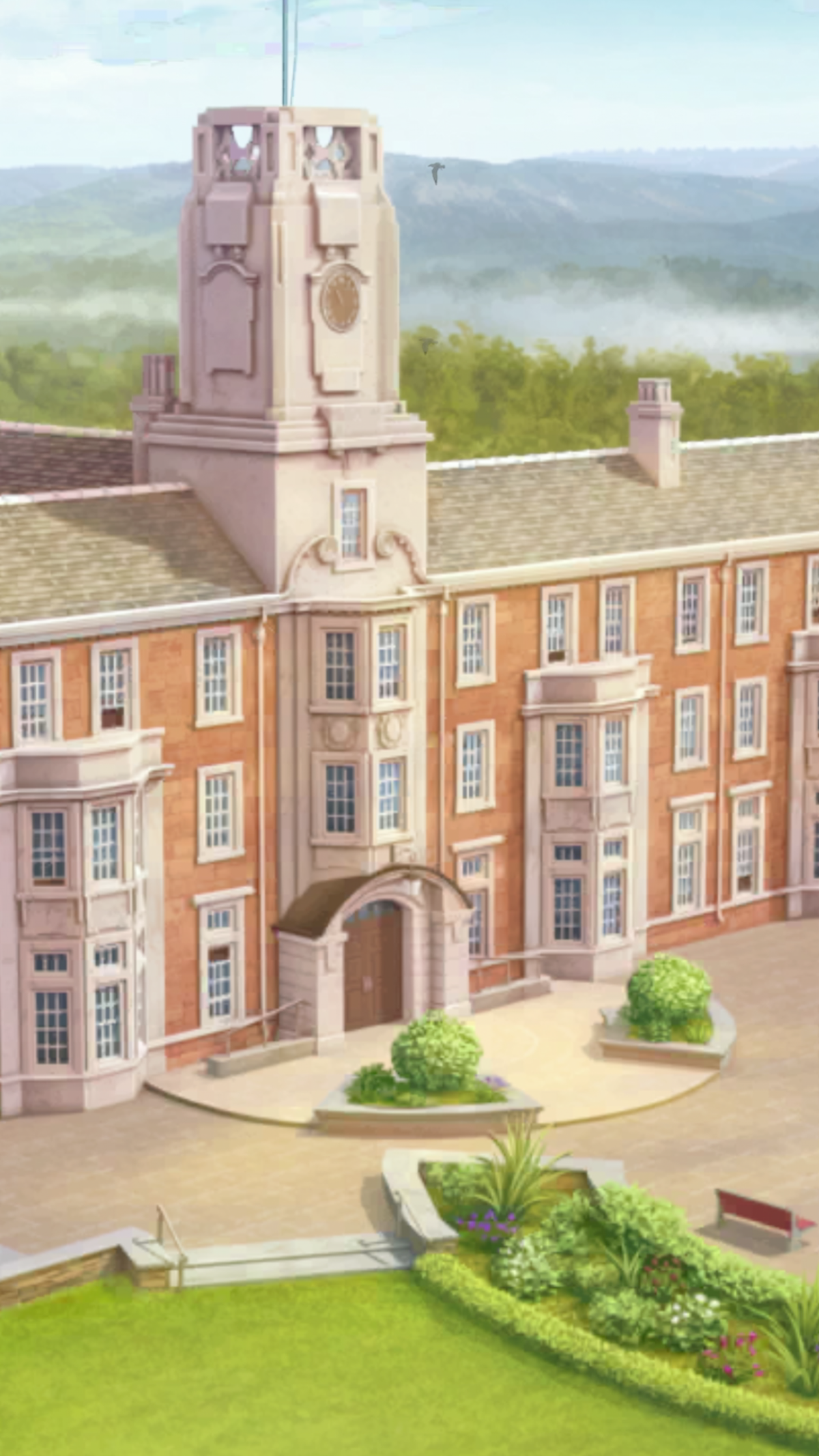 An in-game screenshot from the mobile game ‘Netflix Stories: Sex Education’, featuring the outside of a school building.