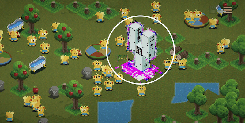 Pixel art scene with yellow Thronglets in a park setting, surrounding a glitchy, white monolith with black markings and purple effects in the center.