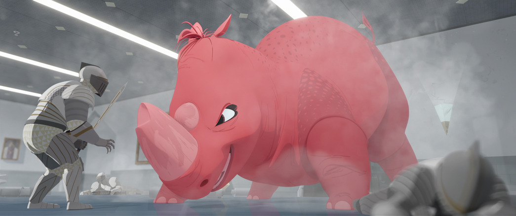 A knight faces off with a massive pink rhinoceros in a still from ‘Nimona.’