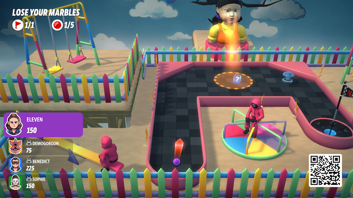 Colorful game scene with four characters in a fenced play area, featuring swings, a spinning wheel, and a large doll. Game stats and avatars on the left; a QR code on the bottom right. Cloudy blue sky background.