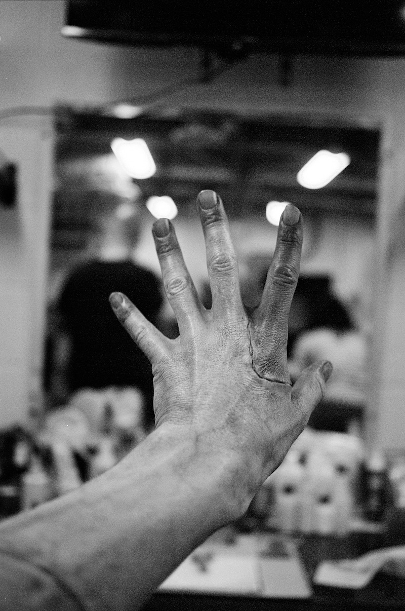 A black-and-white image of Jacob Elordi’s hand with prosthetics. 