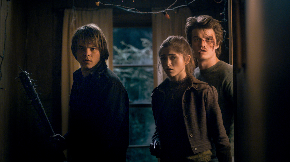 Charlie Heaton as Jonathan Byers, Natalia Dyer as Nancy Wheeler, and Joe Keery as Steve Harrington in ‘Stranger Things’ Season 1.