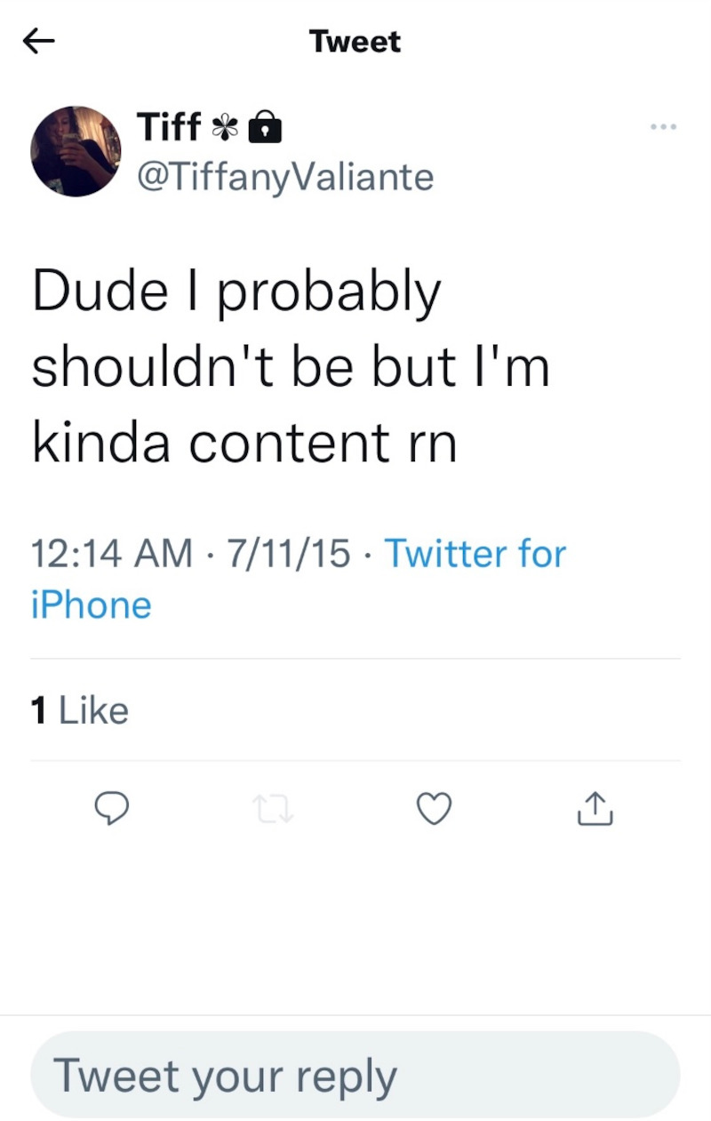 On the day before she died, Tiffany tweeted that she was feeling “content” with her life.  - Photos of Tiffany Valiante