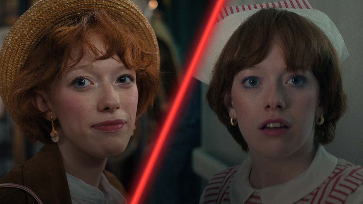 Diptych of Amybeth McNulty as Vickie in ‘Stranger Things’ Season 4 and Season 5.