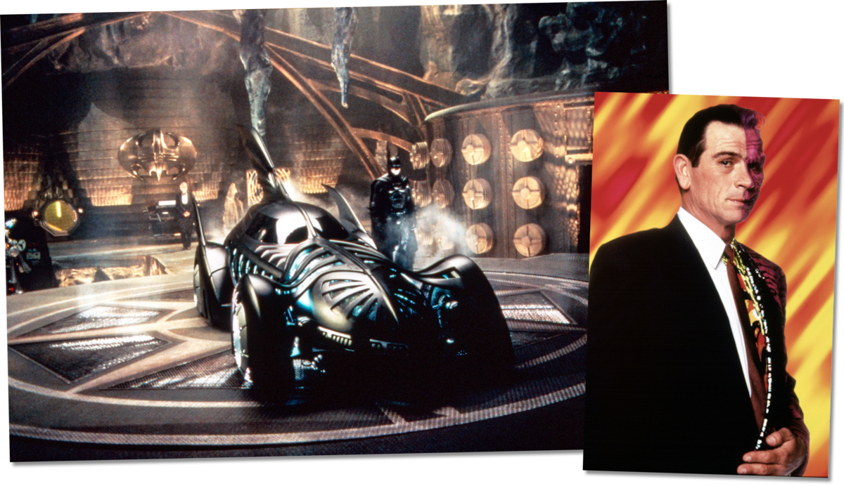 The Batmobile in 'Batman Forever' and Tommy Lee Jones as Two-Face.