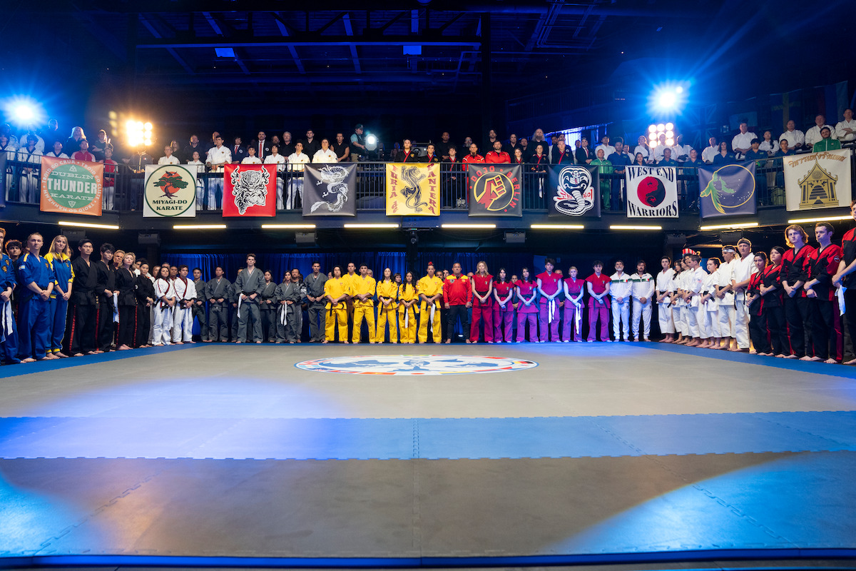 Karate students line up in an arena in Season 6 of ‘Cobra Kai’