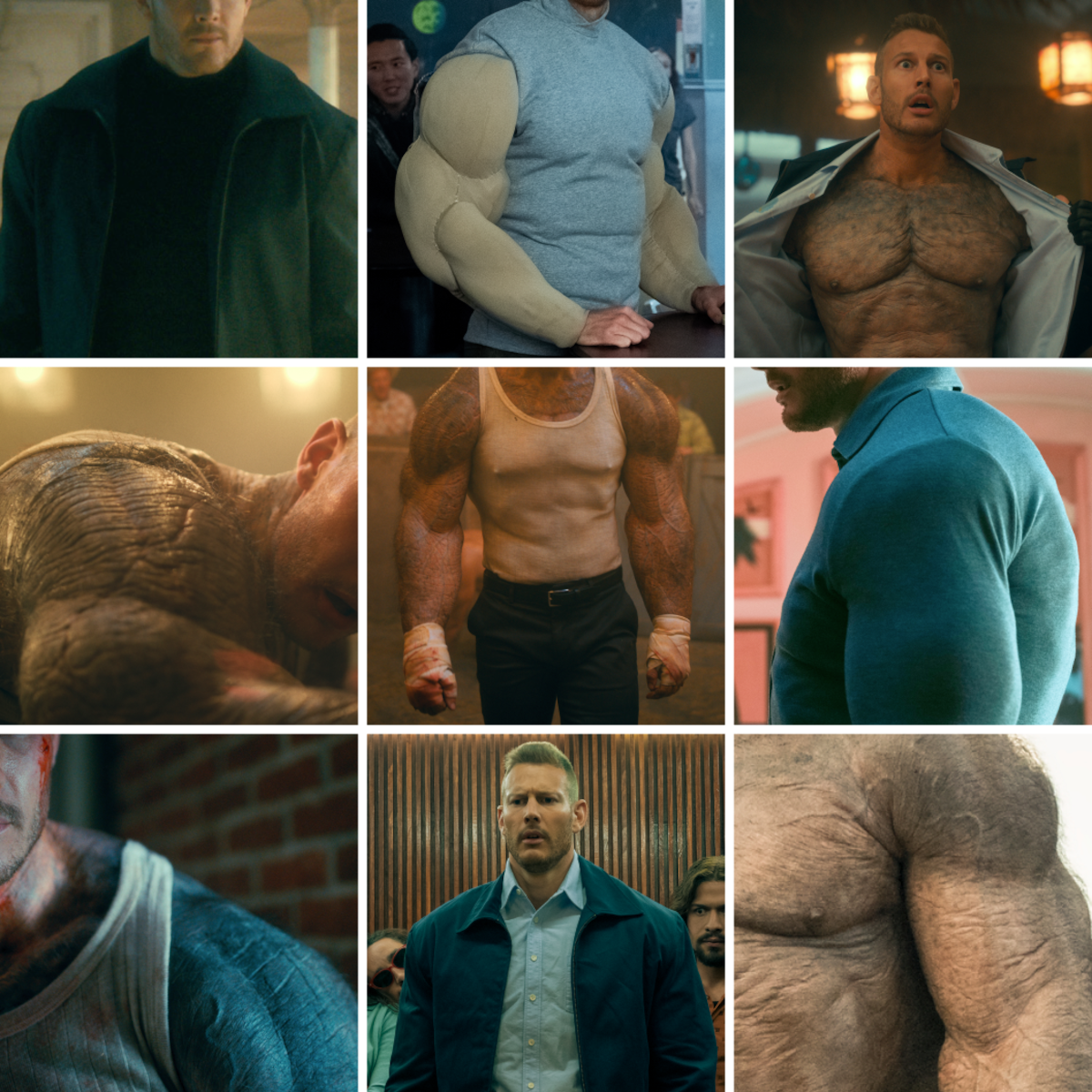 A grid of nine images showing Luther’s body in ‘The Umbrella Academy’