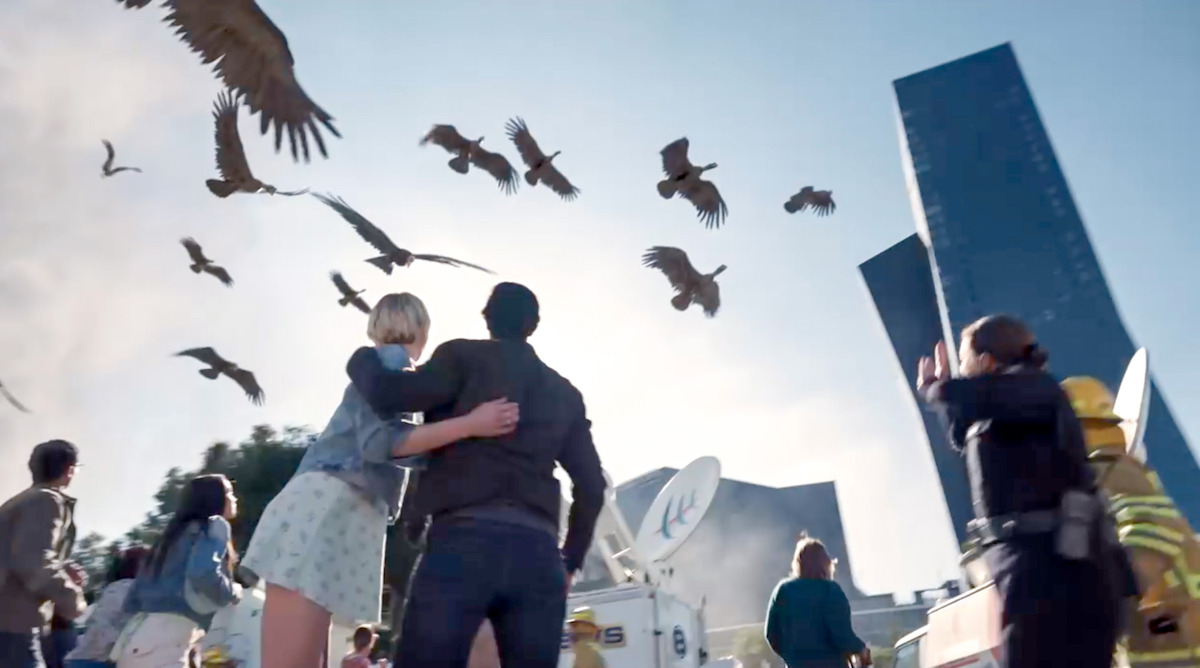 Zyra Gorecki as Izzy Harris and Eoin Macken as Gavin Harris watch extinct birds fly out of the sinkhole in ‘La Brea.’