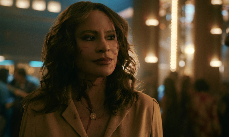 Sofia Vergara as Griselda with lacerations on her face