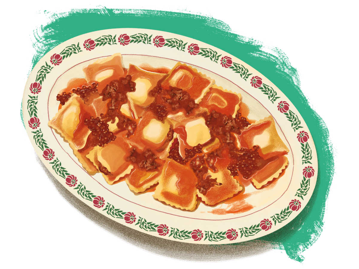 Illustration of a platter of ravioli topped with red sauce and crumbled meat, served on a decorative oval plate against a teal painted background.