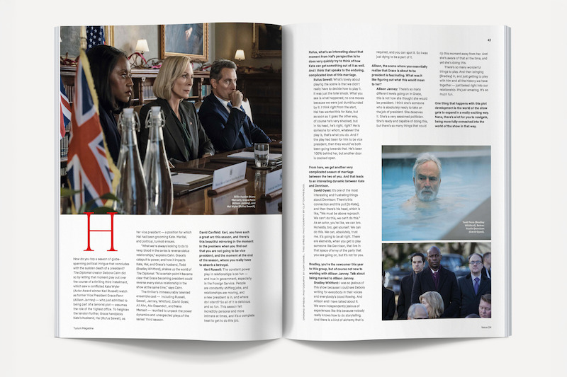 Three people at a formal meeting table with flags and water bottles, a man swimming in a pool, and a group of people outside in suits; the setting is a professional magazine article layout.