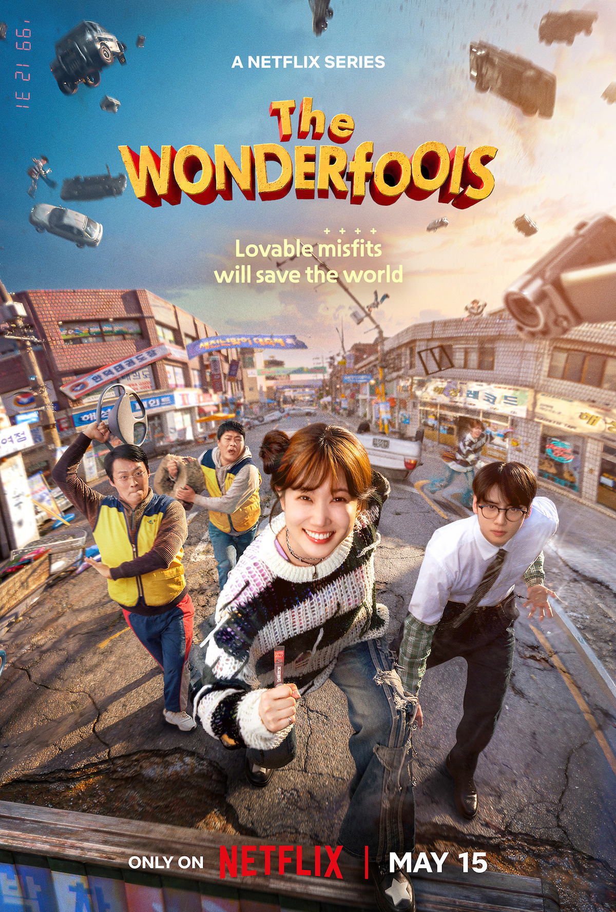 Poster for "The Wonderfools" shows four quirky characters with superpowers in comic-style panels, featuring teleportation, telekinesis, and comic effects, with the Netflix logo and May 15 release date.