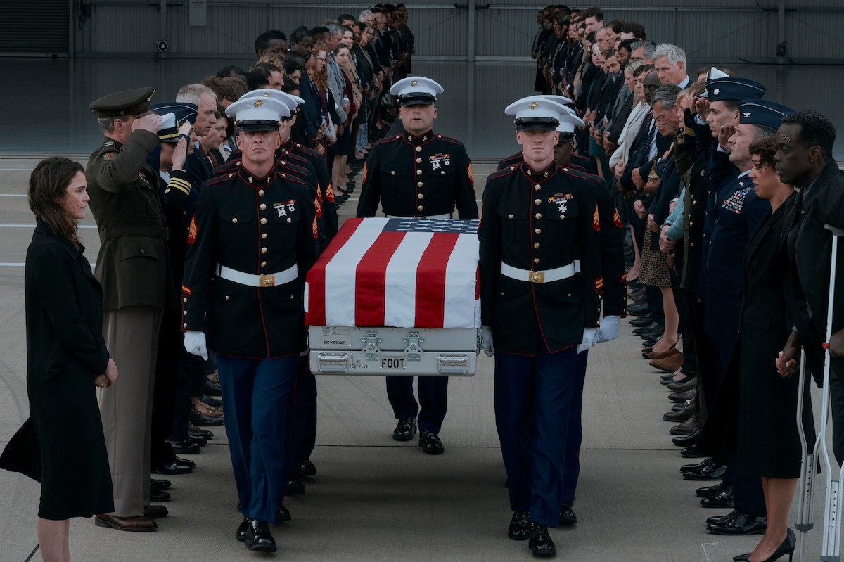 Keri Russell as Kate Wyler, Pearl Mackie as Alysse, and Ato Essandoh as Stuart Hayford in ‘The Diplomat’ Season 2, Episode 2.
