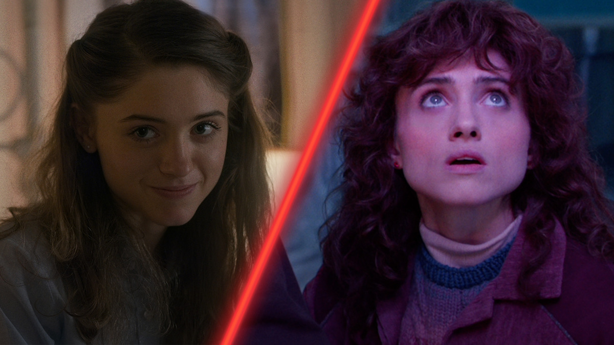 Diptych of Natalia Dyer as Nancy Wheeler in ‘Stranger Things’ Season 1 and Season 5.