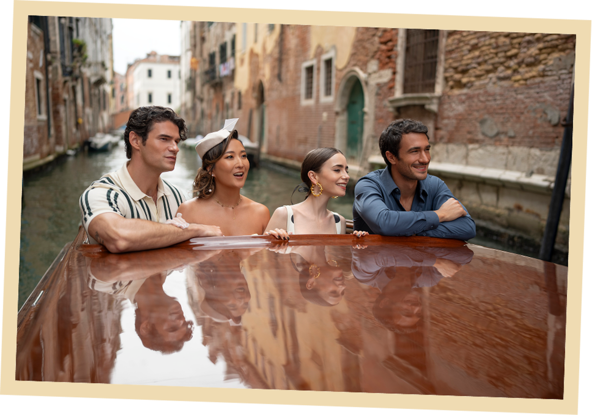Paul Forman as Nicolas De Leon, Ashley Park as Mindy, Lily Collins as Emily and Eugenio Franceschini as Marcello in ‘Emily in Paris’ Season 5.