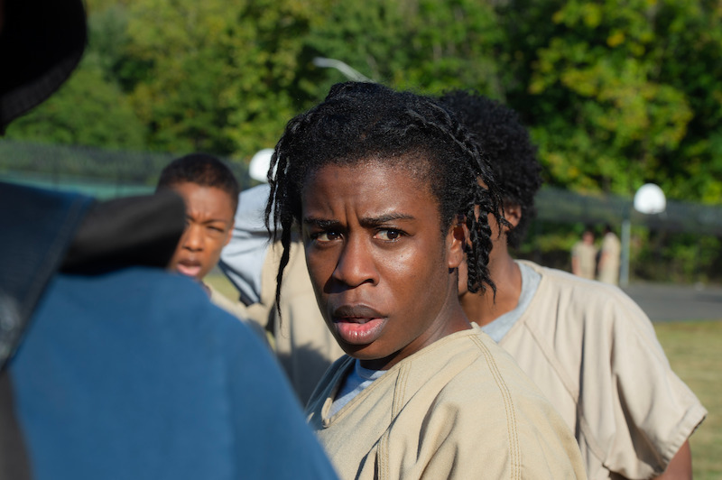 (L to R) Samira Wiley as Poussey, Uzo Aduba as Suzanne "Crazy Eyes" on the set of Orange Is The New Black Season 3.
