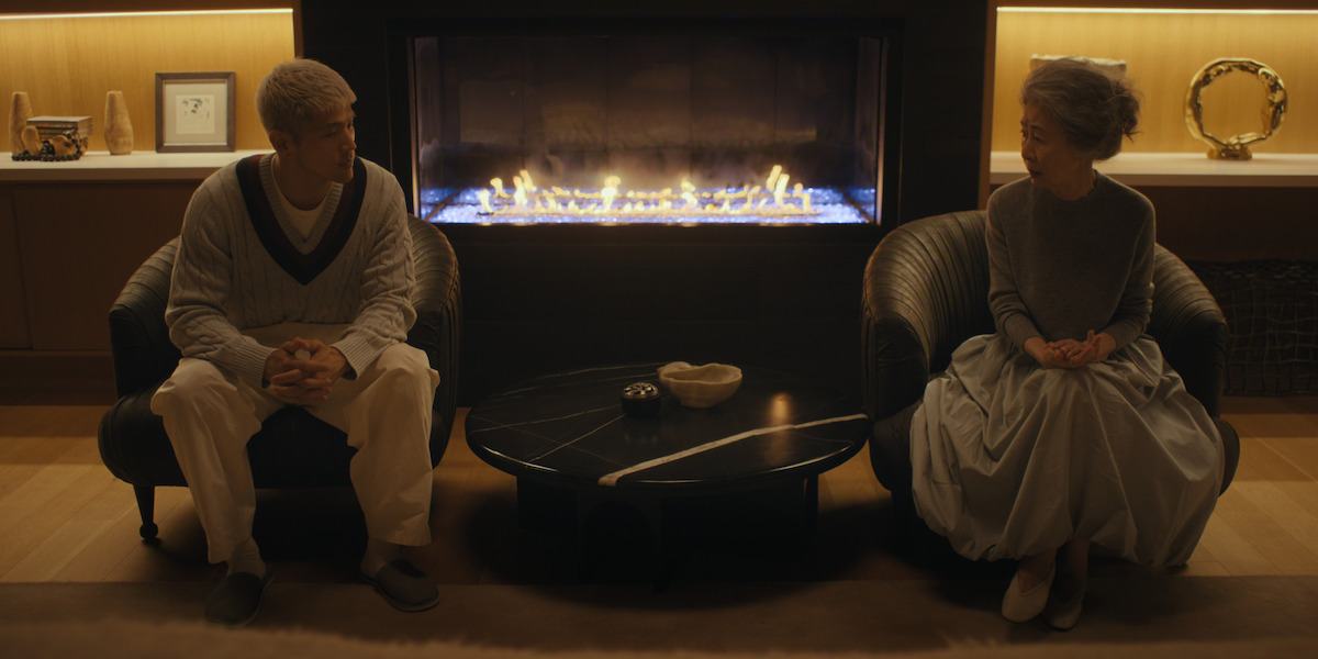 A young man and an elderly woman sit across from each other in a cozy, softly lit room with a modern fireplace, dark chairs, a wooden floor, and decorative objects on shelves behind them.