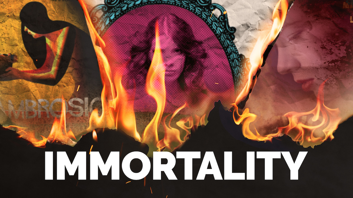 Key art for IMMORTALITY - three images stiched together with flames under each one, awoman in a habit, a woman staring at the camera, and a woman looking down.