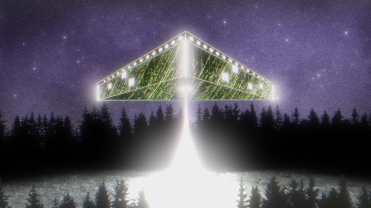 A triangular UFO hovers over a forest at night in an image from the series ‘Files of the Unexplained.’